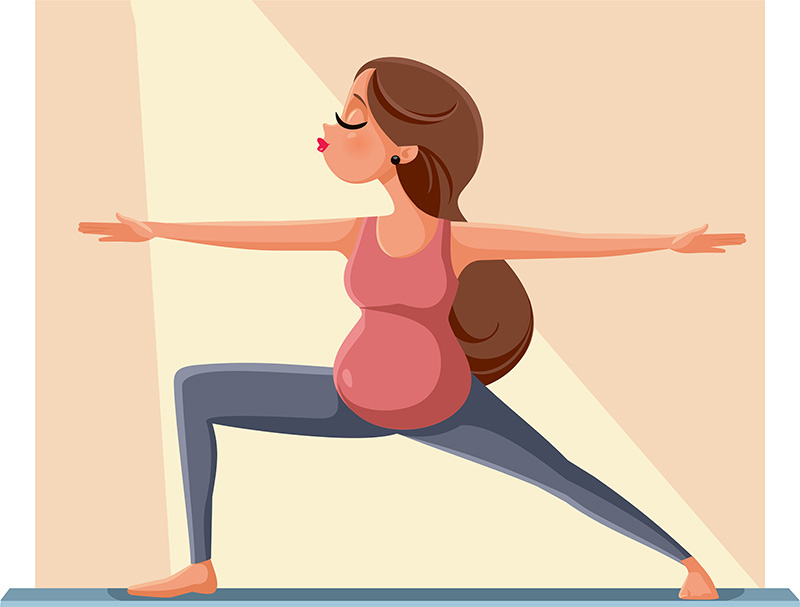 Colored drawing of a pregnant woman confidently performing the warrior yoga pose, with her baby bump prominently displayed.